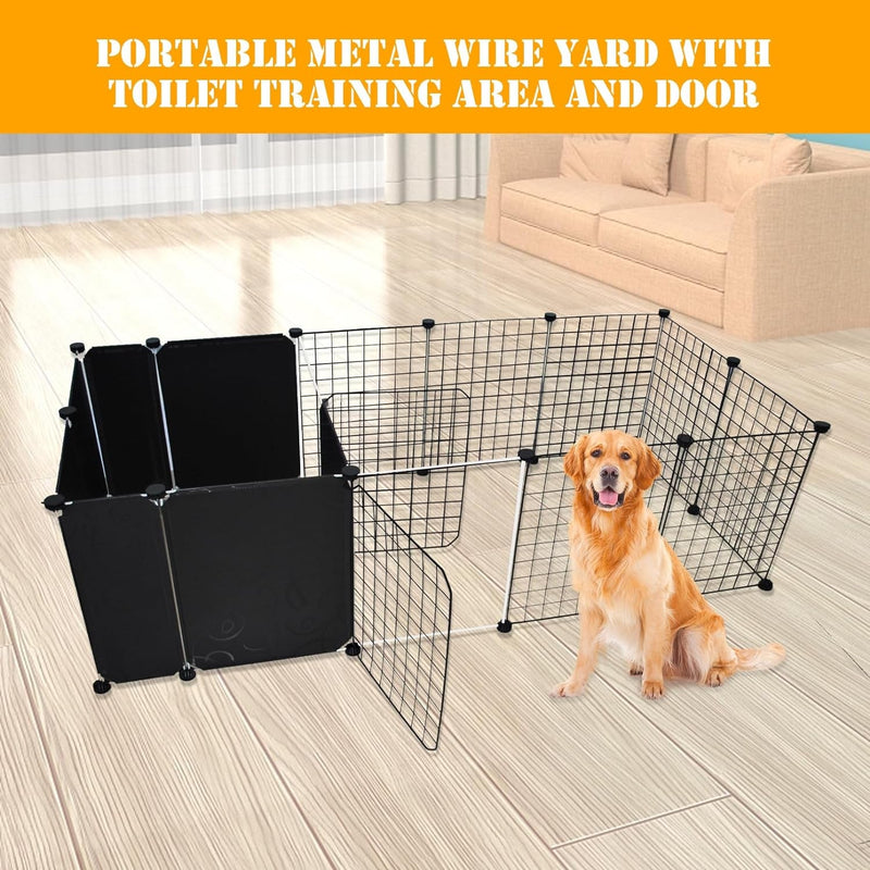 Portable Wire Dog Playpen with Door and Toilet Area - 16 Panels - Black