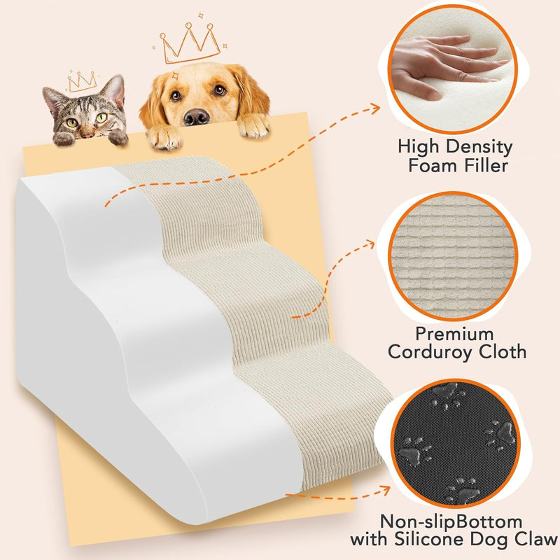 High Density Foam Dog Stairs with 3-Tier Slope Non-Slip Ramp for Sofa Bed with Free 3-Piece Lint Roller Set