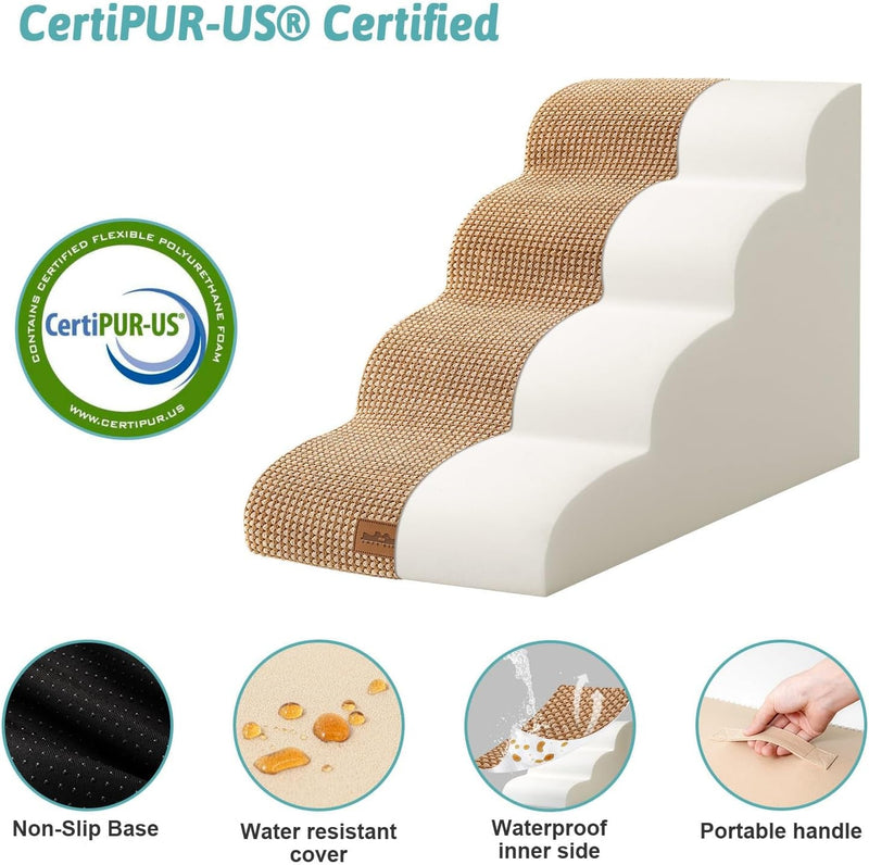 High Density Foam Pet Stairs Ramp for Beds - 4 Tiers Non-Slip Waterproof Cover