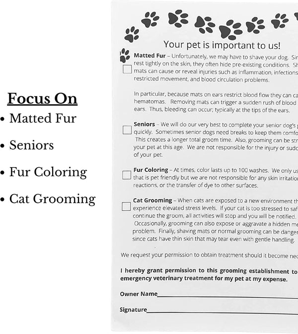 100 Pet Grooming Release Forms - 55x85 for Matted Fur Senior Dogs Coloring Cats