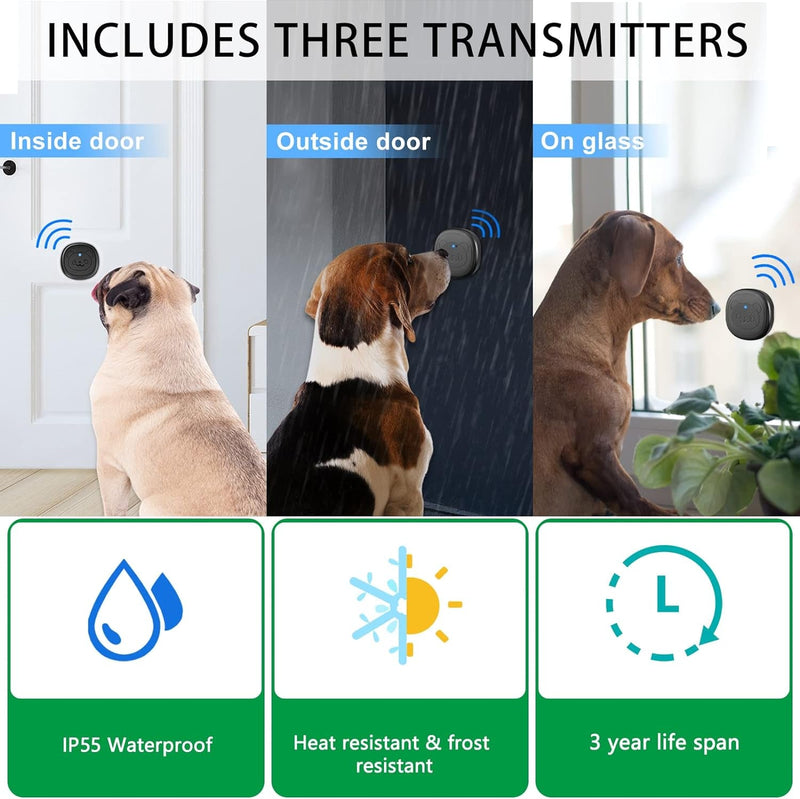 Wireless Dog Doorbell for Potty Training - IP55 Waterproof with LED  55 Melodies 1 Receiver 3 Transmitters