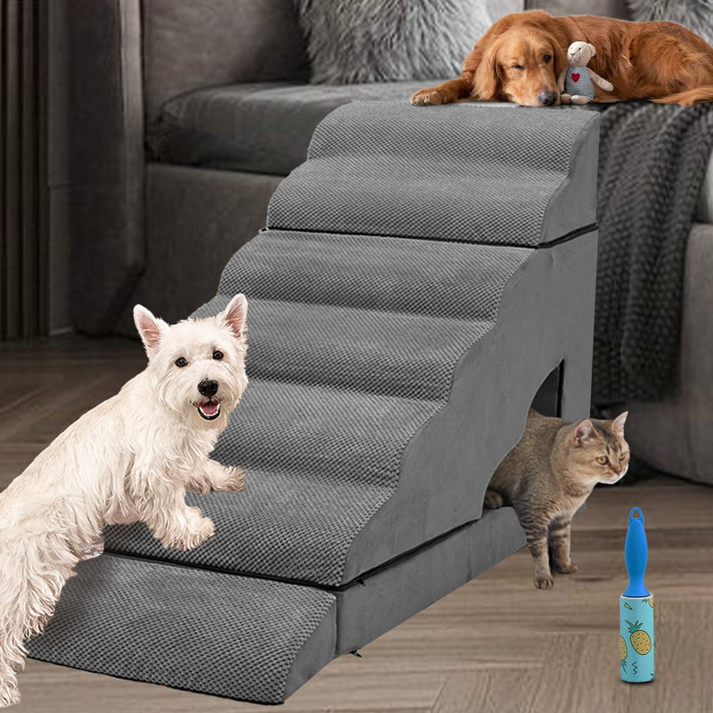 High Bed Dog Stairs for Small and Injured Pets - 34in Wide 7-Tier Non-Slip Steps