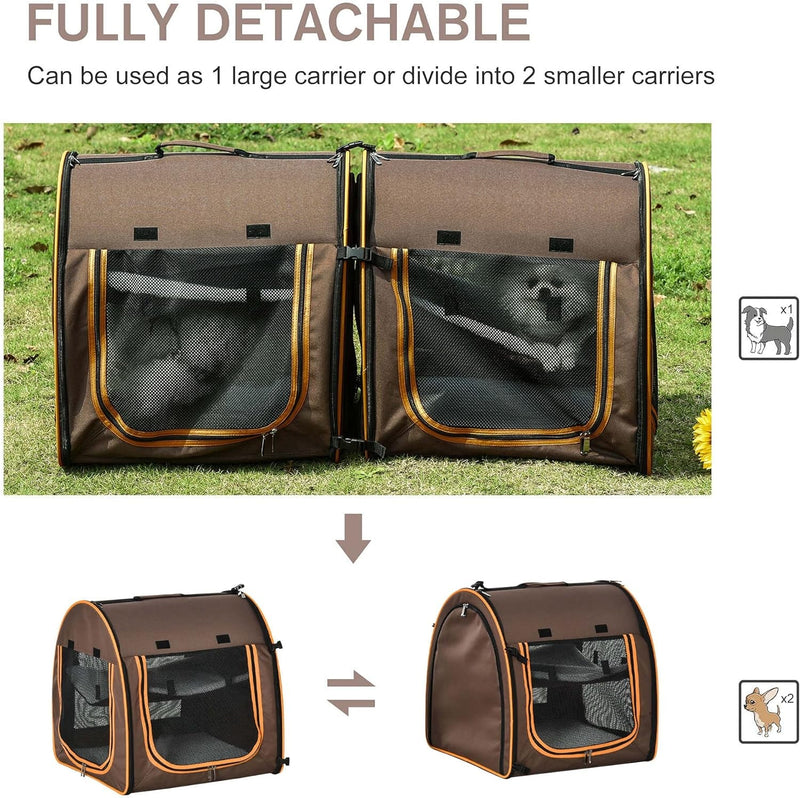 Pawhut Portable Cat Carrier with Divider 2 Compartments Soft Cushions Storage Bag - Brown 39