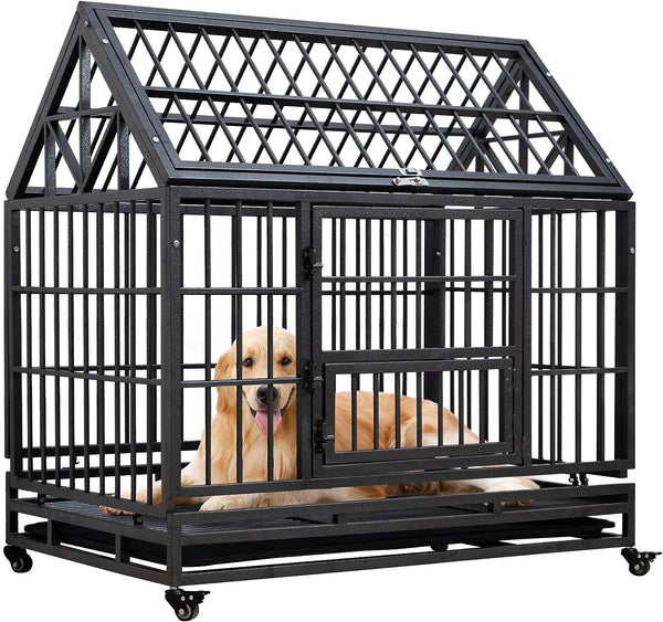 Heavy Duty XXL Dog Crate with Wheels 3 Doors Removable Tray - 42 Inch Spire Roof