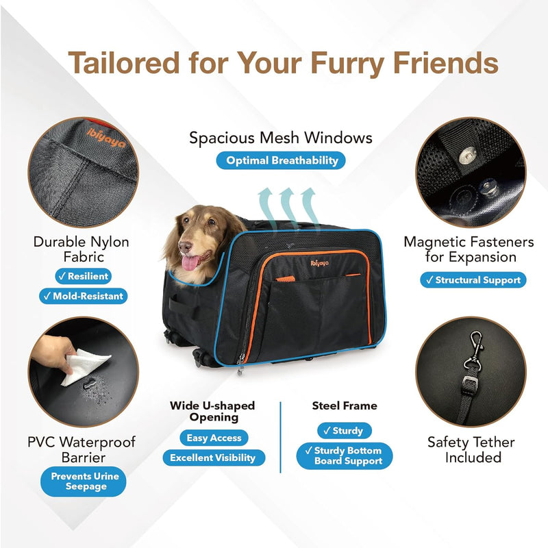 ibiyaya - Dog Sling Carrier for Dogs and Cats - JetPaw Expandable Pet Carrier for Cats, Dogs, and Rabbits - Airline Approved and Travel Friendly 5 in 1 Dog Carrier - Black and Orange