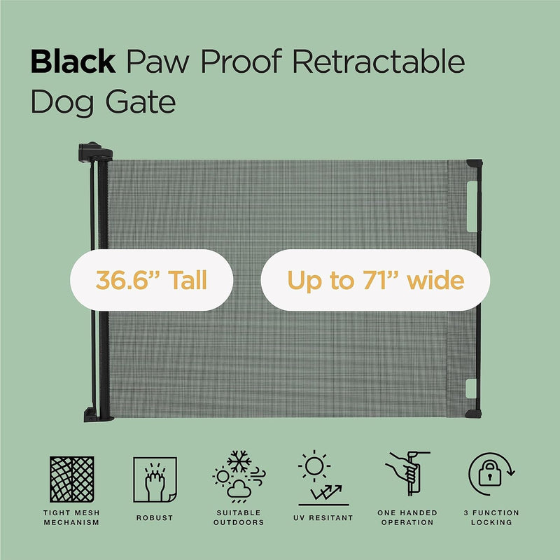 Paw Proof Retractable Dog Gate - IndoorOutdoor 366 Tall 71 Wide Black