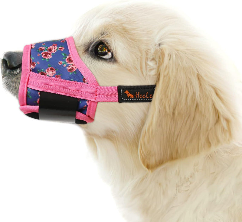 HEELE Dog Muzzle - Soft Nylon Air Mesh - Breathable  Adjustable - Pink Flowers - For Small Dogs