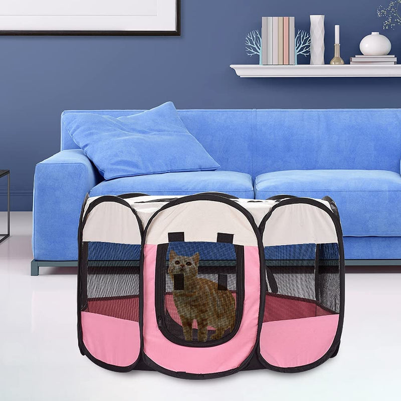 Portable Pink Pet Playpen with Removable Mesh Shade Cover - Foldable