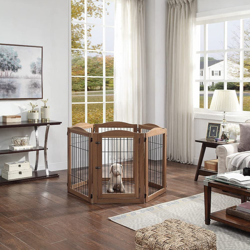 Extra Wide Dog Gate and Playpen with Door - Tall Fence for Dogs Cats and Babies - Walnut