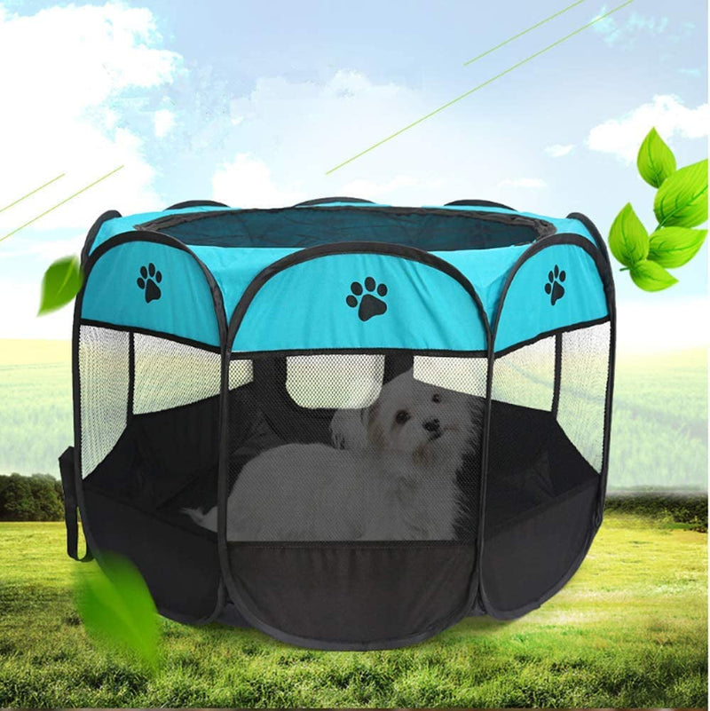 Portable Pet Playpen - Foldable IndoorOutdoor Exercise Kennel with Tent Mesh Cover - Blue S 28x28x18 for DogsCatsRabbits