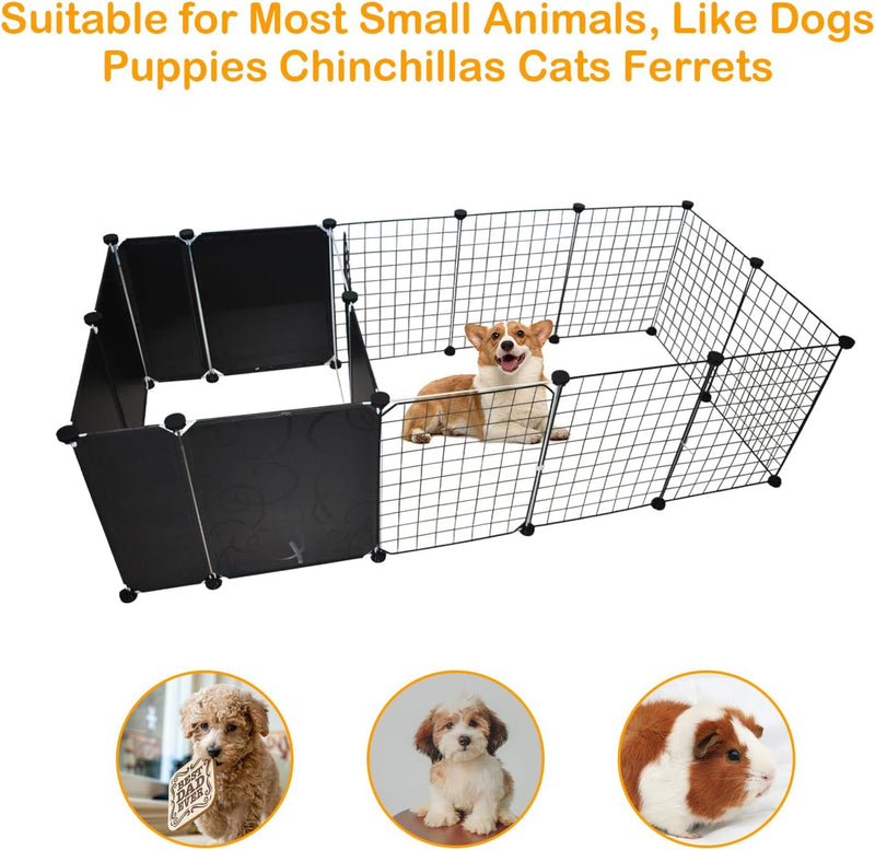 Portable Wire Dog Playpen with Door and Toilet Area - 16 Panels - Black