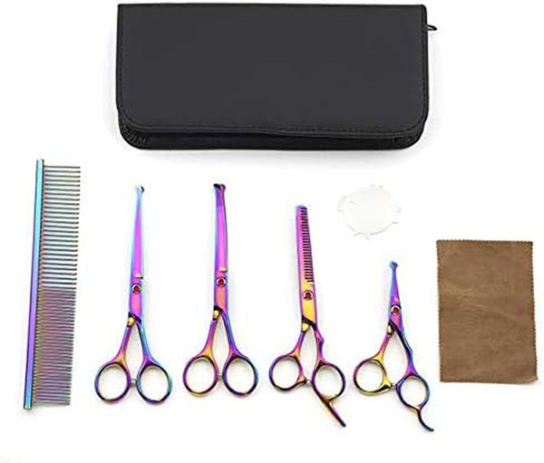 HIP-HOME Dog Grooming Scissors Set Dog Cat Grooming Shears Set 5 Piece Stainless Steel Straight & Thinning & Curved Pet Trimmer Kit Hair Cutting