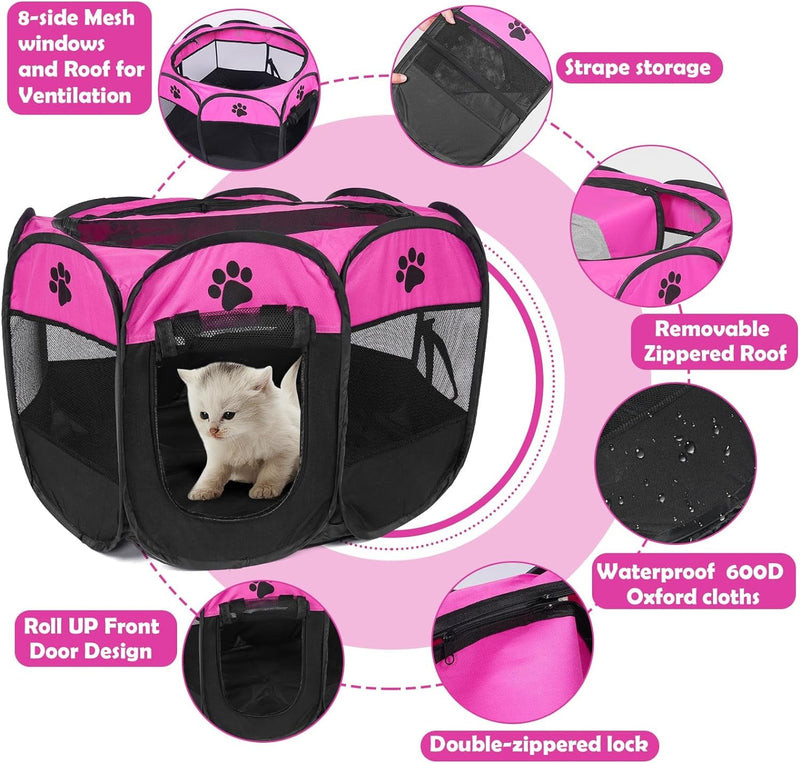 Foldable Pet Playpen with 8 Panels and Mesh Cover - Soft Oxford Kennel for Small Pets S 285x285x16 Pink