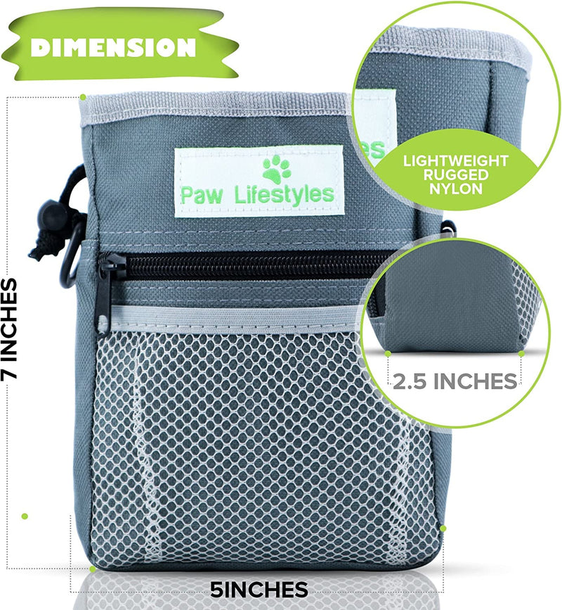 – Dog Treat Training Pouch – Easily Carries Pet Toys, Kibble, Treats – Built-In Poop Bag Dispenser – 3 Ways to Wear – Grey