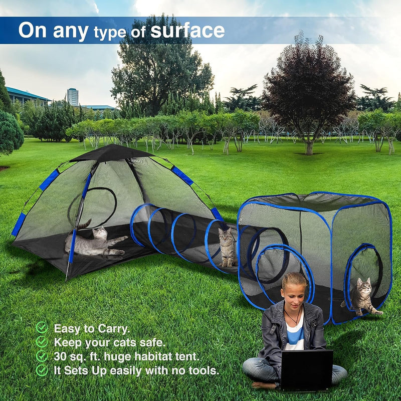 Outdoor Cat Tent with Tunnel - Portable Playpen Enclosure for Small Animals