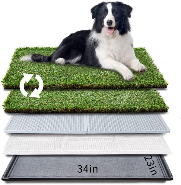 HQ4us Dog Grass pad with Tray Large Dog Litter Box Toilet 34”×23”, 2×Artificial Grass for Dogs,Pee pad, Realistic, Bite Resistance Turf, Less Stink, Potty for Balcony,