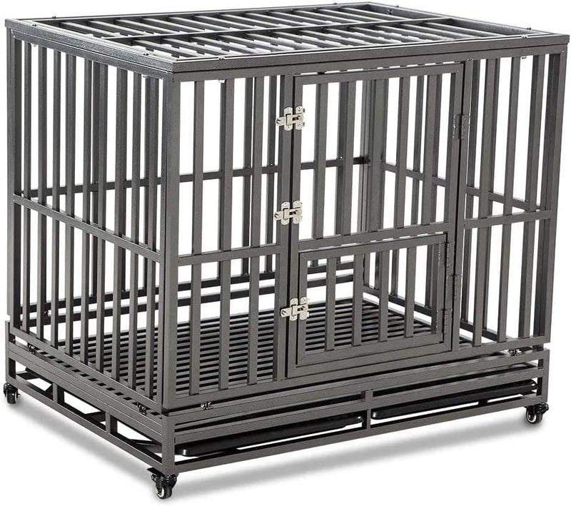 38-Inch Heavy Duty Dog Cage with Wheels - Easy to Assemble Kennel for Large Dogs Black