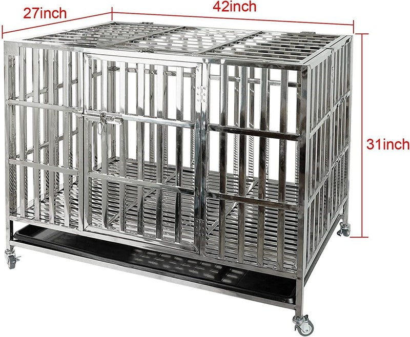 Heavy Duty Stainless Steel Dog Cage - 42 Crate  Playpen w Double Doors  Locks Lockable Wheels Removable Tray No Screws