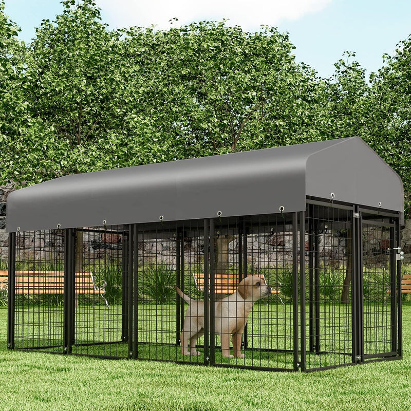 Heavy Duty Outdoor Dog Run Enclosure for SmallMedium Dogs - Metal Kennel with Roof and Rotating Feeding Doors Expandable Playpen - 14 Panels