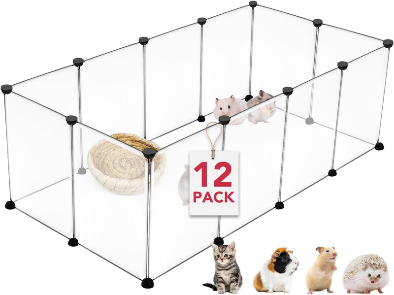 Small Animal Playpen - 12 Panel Transparent Portable Pet Enclosure for Guinea Pigs Bunny Ferrets Hamsters Hedgehogs - 48x24x16 IndoorOutdoor Pet Fence