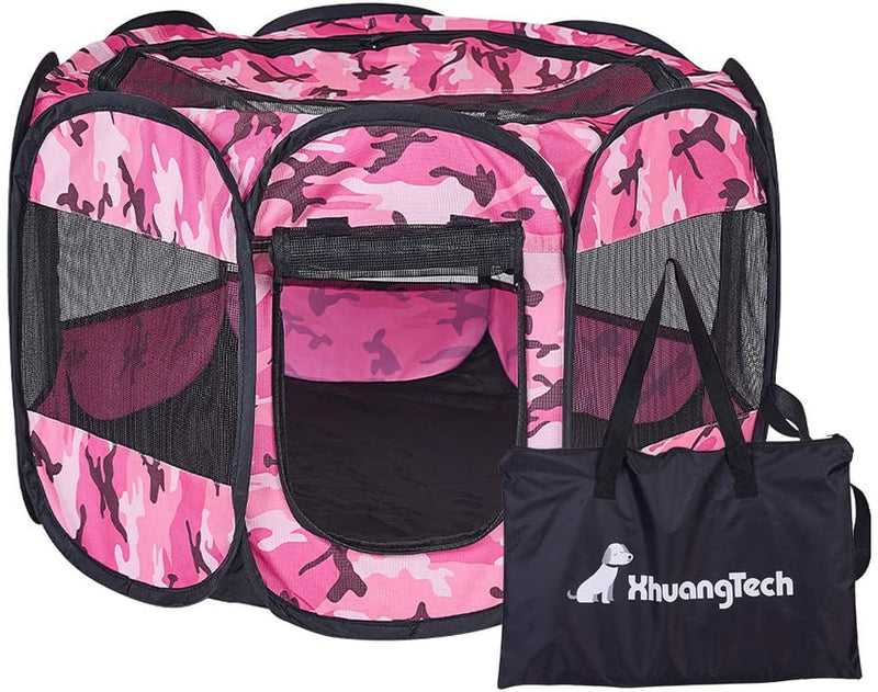 Portable Pink Pet Playpen with Removable Mesh Shade Cover - Foldable