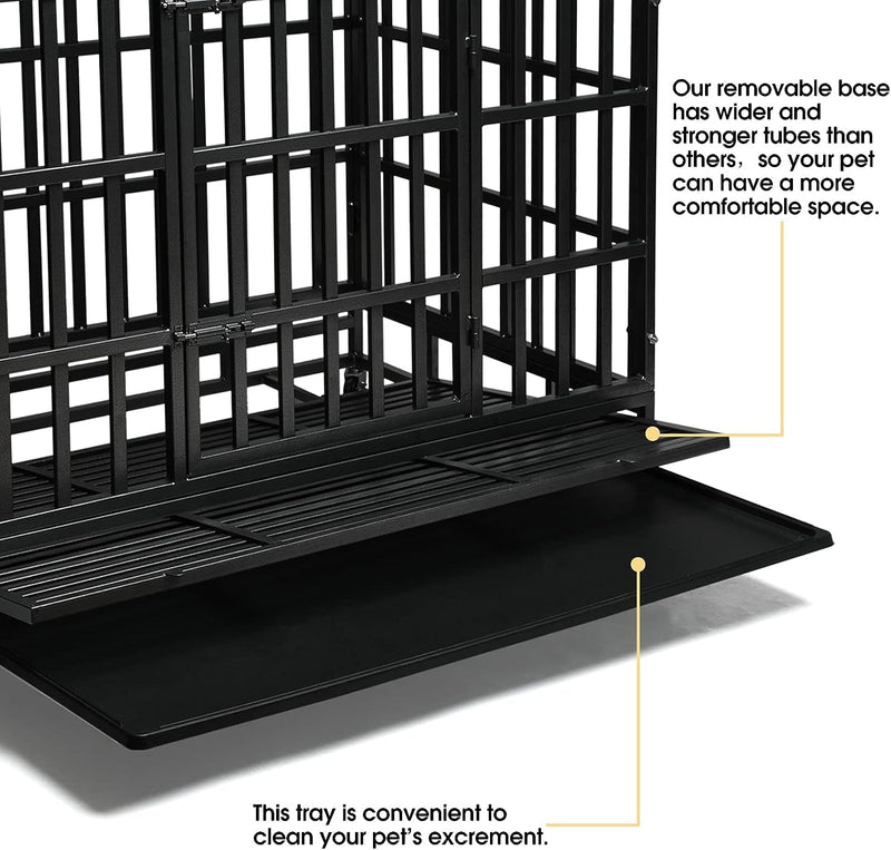 Heavy Duty Dog Kennel Crate Cage with Double Doors Lockable Wheels - XL Pet Playpen 48 Inch