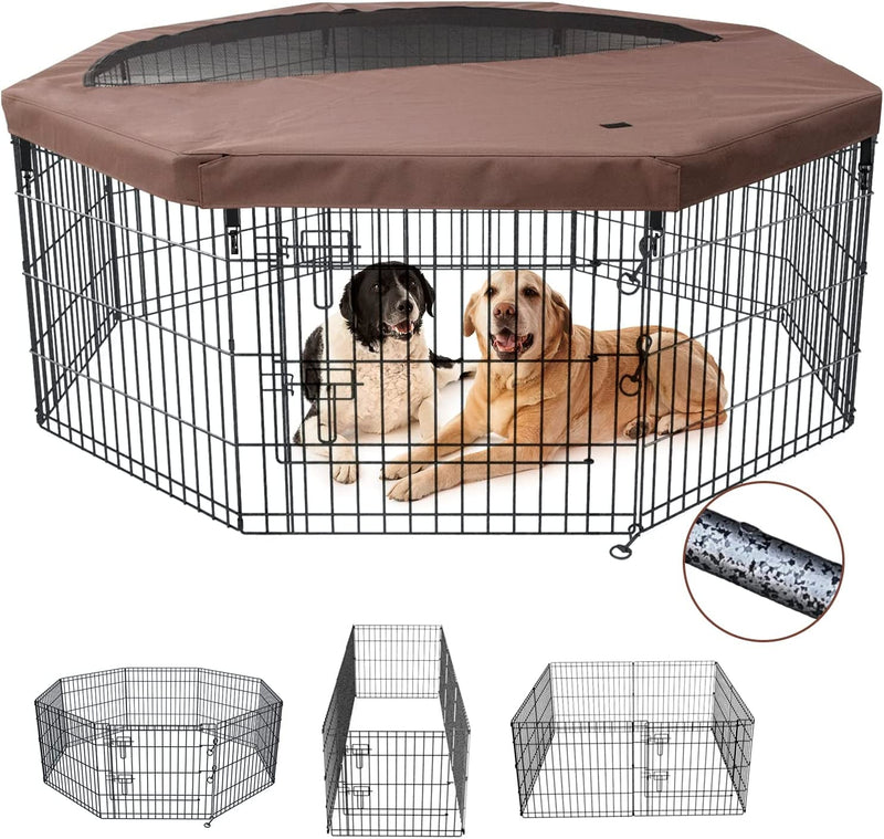 Foldable Dog Exercise Playpen with Top Cover - Silver Metal 8 Panels OutdoorIndoor - 30 Height