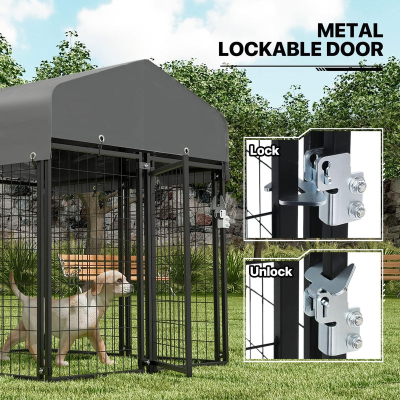 Heavy Duty Outdoor Dog Run Enclosure for SmallMedium Dogs - Metal Kennel with Roof and Rotating Feeding Doors Expandable Playpen - 14 Panels