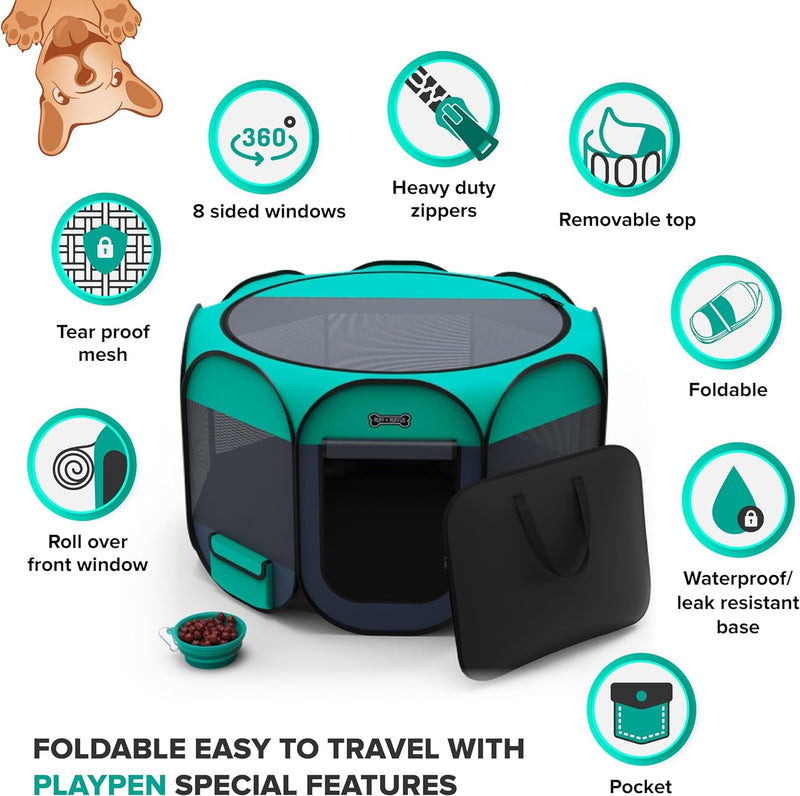 Premium Portable Pet Playpen - IndoorOutdoor Foldable Pen with Water-Resistant UV Shade FREE Case  Travel Bowl Included