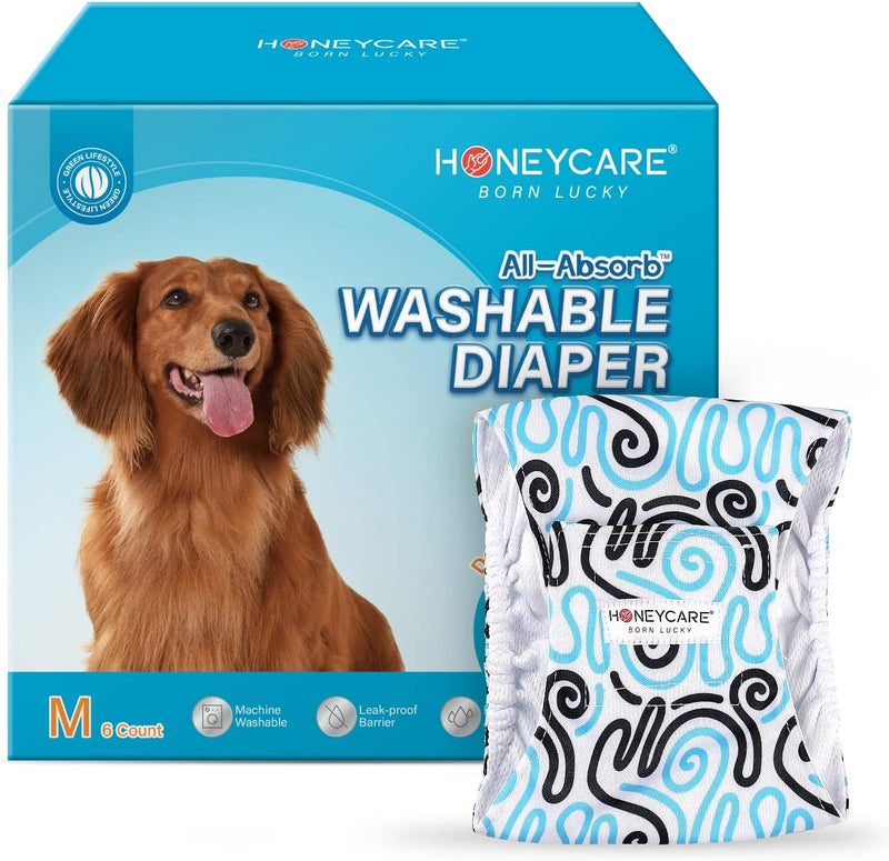 HONEY CARE Washable Dog Diapers (6 Pack) of Premium Absorbent Doggie Diapers, Durable Female Dog Diapers Dress in Excitable Urination, Period, Heat, Incontinence