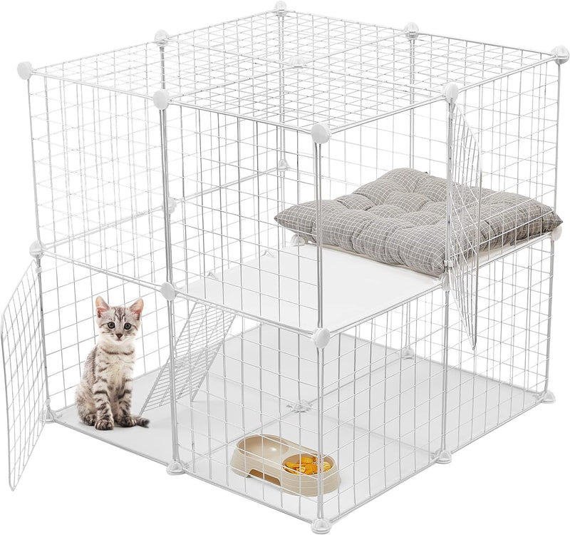 Large 2-Tier Cat Cage Crate - Detachable Metal Indoor Playpen for Cats Ferrets Kittens Puppies Bunnies - White 2756 x 2756 x 1378 in