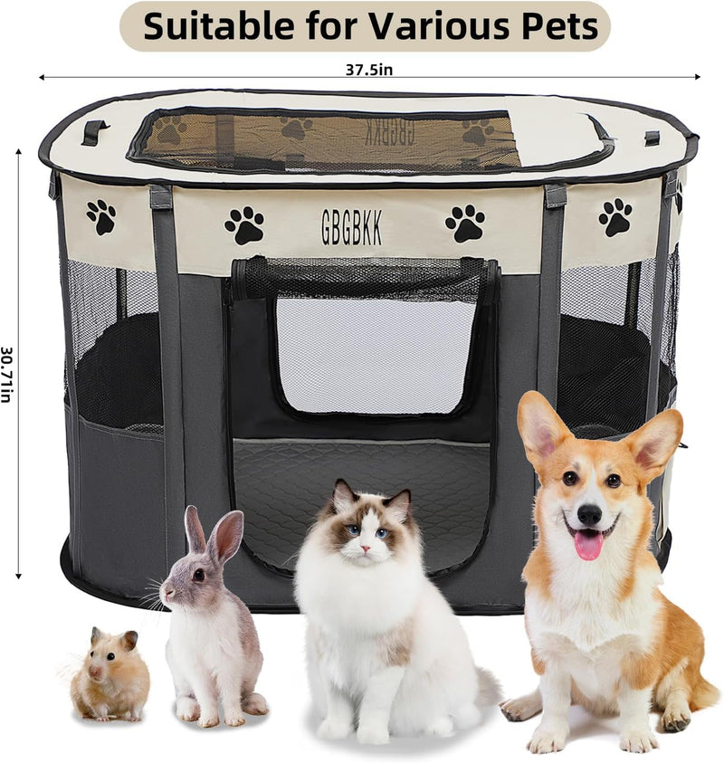 Portable Pet Playpen with Carry Case and Washable Pad IndoorOutdoor Pet Tent Foldable Dog Crate WhiteGrey L