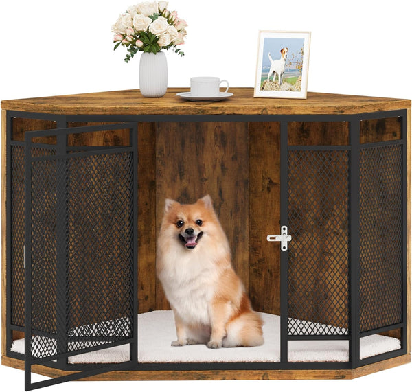 YITAHOME Corner Dog Crate Furniture, 43.7 Inch Wooden Dog Crate End Table with Metal Mesh, Dog Kennel Furniture for Small Medium Dogs, Brown