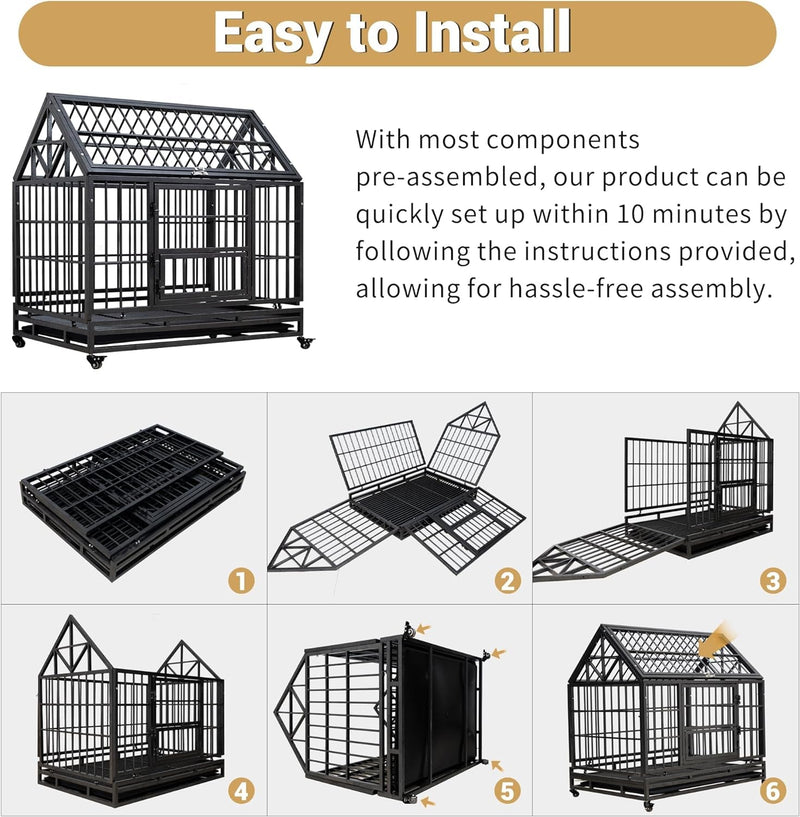 Heavy Duty XXL Dog Crate with Wheels 3 Doors Removable Tray - 42 Inch Spire Roof