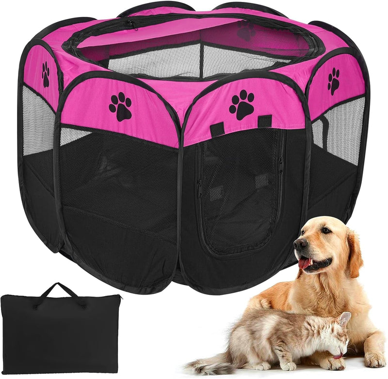 Foldable Pet Playpen with 8 Panels and Mesh Cover - Soft Oxford Kennel for Small Pets S 285x285x16 Pink