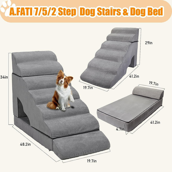 High Bed Dog Stairs for Small and Injured Pets - 34in Wide 7-Tier Non-Slip Steps