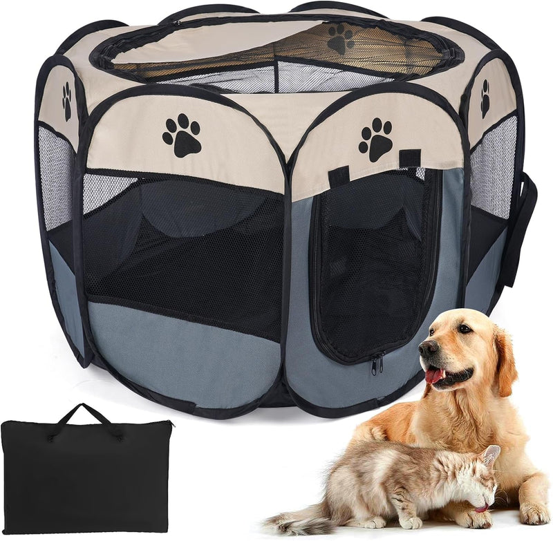 Foldable Pet Playpen with 8 Panels and Mesh Cover - Soft Oxford Kennel for Small Pets S 285x285x16 Pink