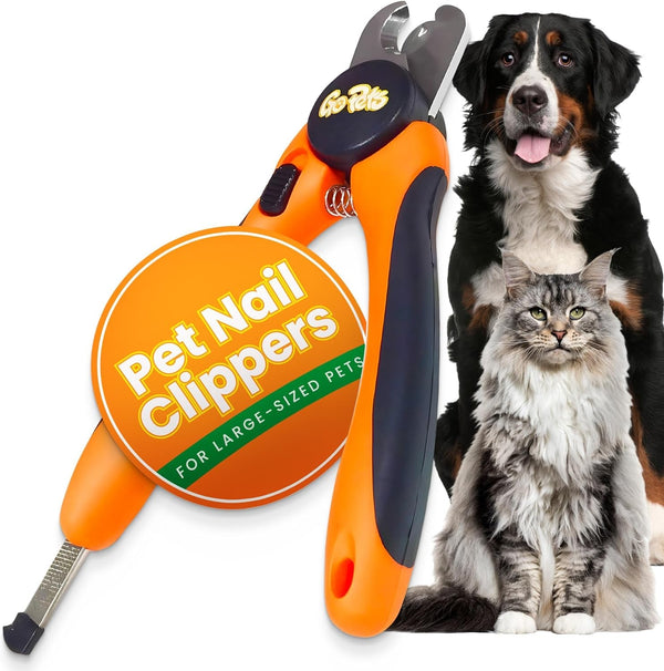 Gopets Pet Nail Clipper - Precision Cut Care for Large Dogs and Cats, with Nail File and Quick Sensor Safety Guard for Accurate Trim, Non-Slip Handles, Durable Stainless Steel, Orange/Black
