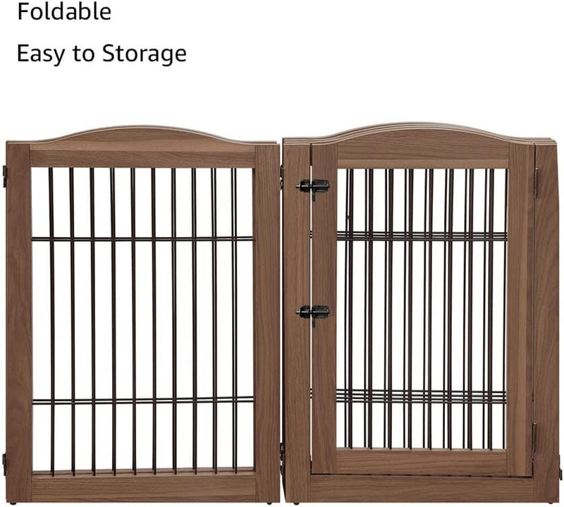 Extra Wide Dog Gate and Playpen with Door - Tall Fence for Dogs Cats and Babies - Walnut