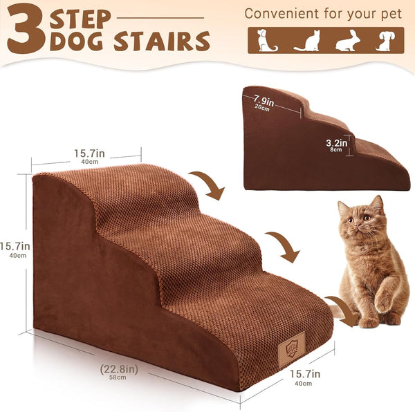 High Density Foam Dog Stairs 3 Tier for Small Dogs - Non-Slip Waterproof with Ramp  Lint Roller