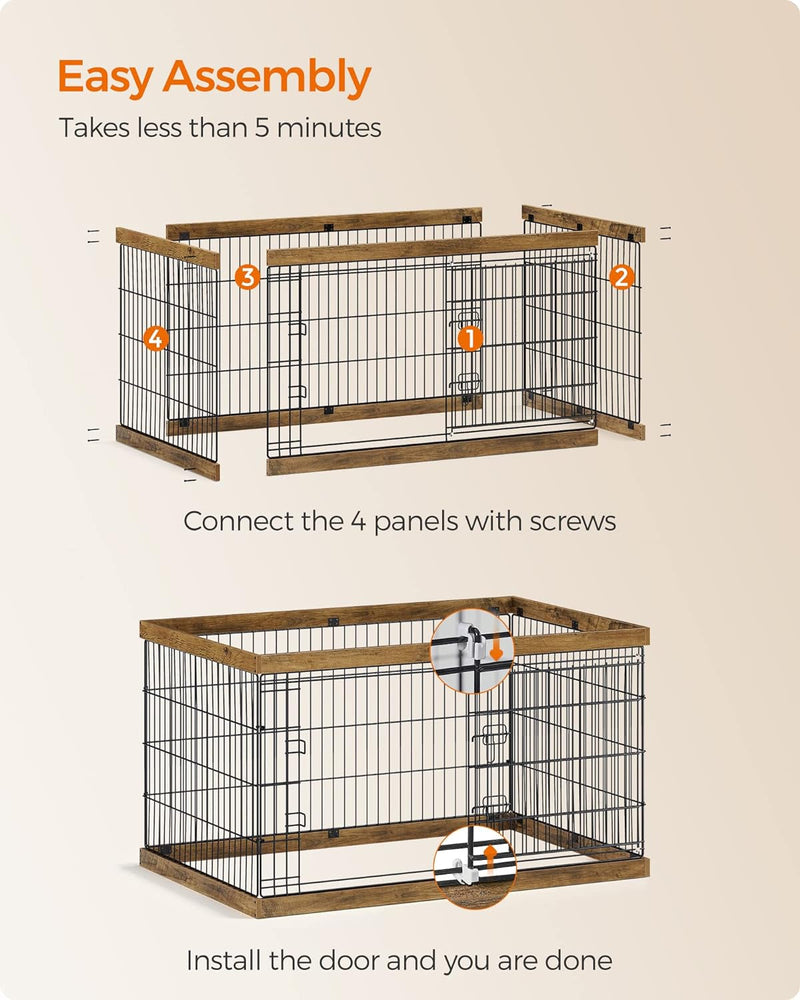 Feandrea Dog Playpen XXL - Sliding Door Playpen for Dogs and Rabbits Rustic WalnutBlack