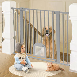 Adjustable Baby Gate with Cat Door and Auto Close - Durable and Safe for Stairs and Doorways