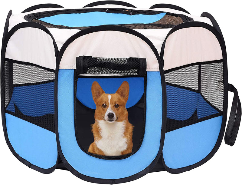 Foldable Dog Playpen with Removable Shade Cover - Portable IndoorOutdoor Kennel with Carry Case and Pen Tent BlueBlack Medium