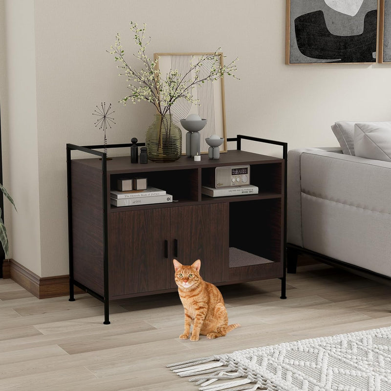 YUSING Litter Box Enclosure, Cat Litter Box Furniture Hidden, Cat Washroom Bench Storage Cabinet Large with Double Doors and Open Shelf for Bedroom, Living Room