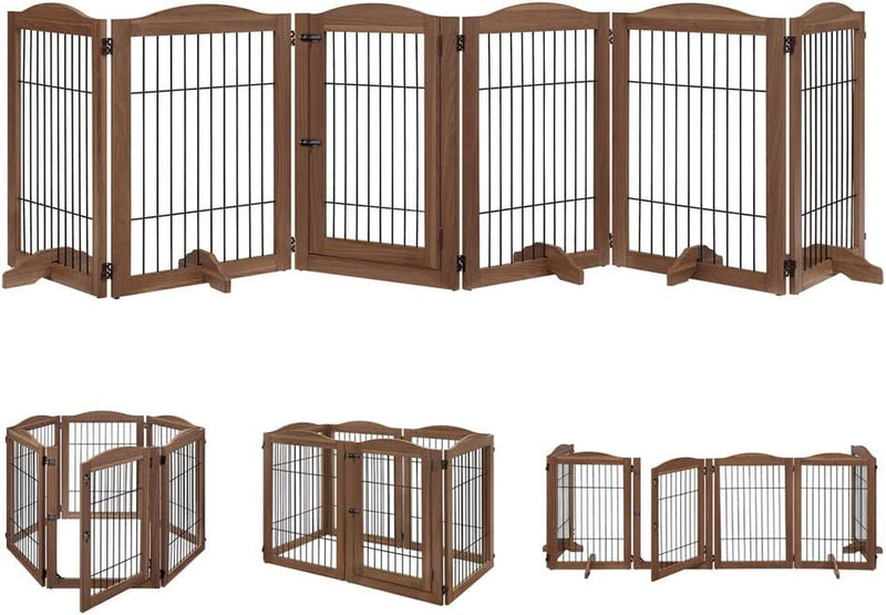 Extra Wide Dog Gate and Playpen with Door - Tall Fence for Dogs Cats and Babies - Walnut