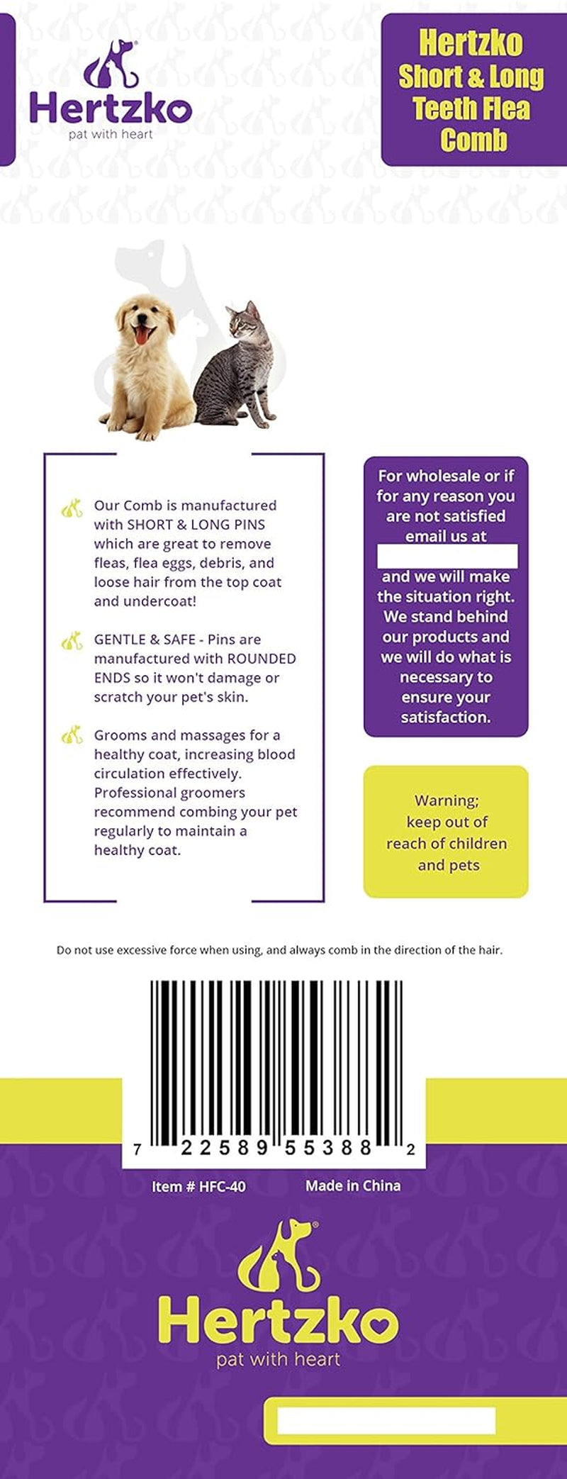 Hertzko Long & Short Teeth Pet Fur Comb - Dog & Cat Hair Detangler, Brush, & Cat Dematting Tool - Hertzko Dog Brush - Grooming Supplies for Removing Matted Hair (Long Teeth)