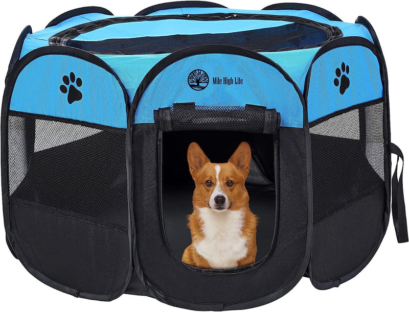 Foldable Dog Playpen with Removable Shade Cover - Portable IndoorOutdoor Kennel with Carry Case and Pen Tent BlueBlack Medium