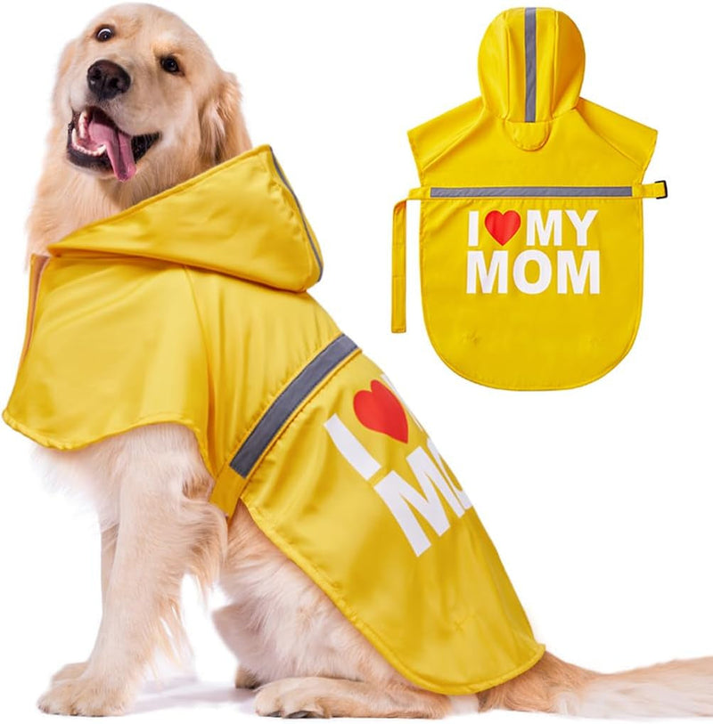 Greenjoy Dog Raincoat - Reflective Waterproof Jacket for Small Medium and Large Dogs Yellow with Cute Print I Love My Mom Medium