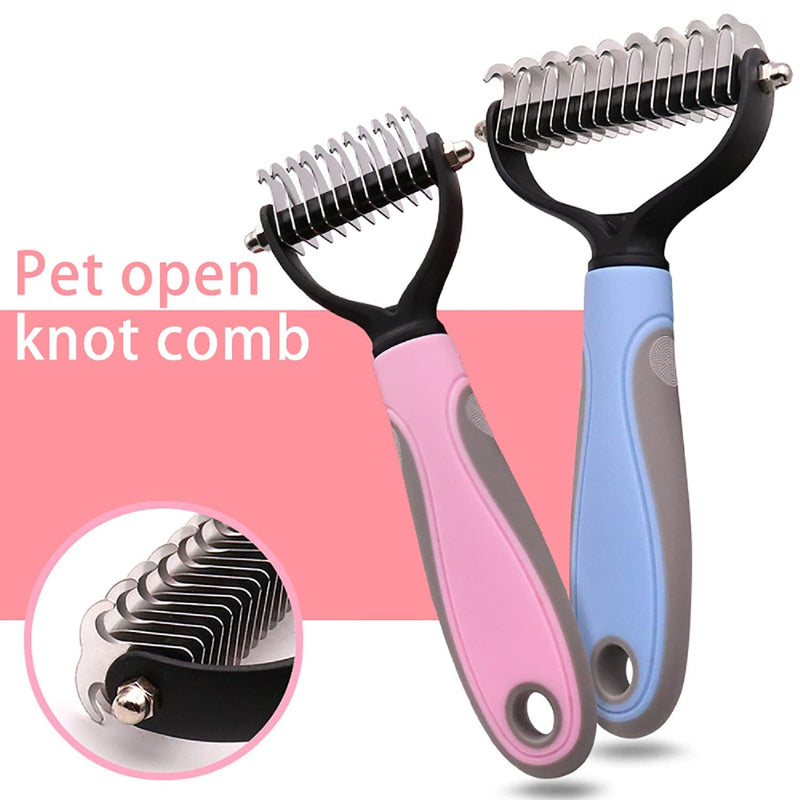 Grooming Deshedding Brush (2 Pack-Pink + Blue) - Double Sided (17 & 9 Teethes) Undercoat Shedding and Dematting Rake Comb Dogs and Cats, Extra Wide.