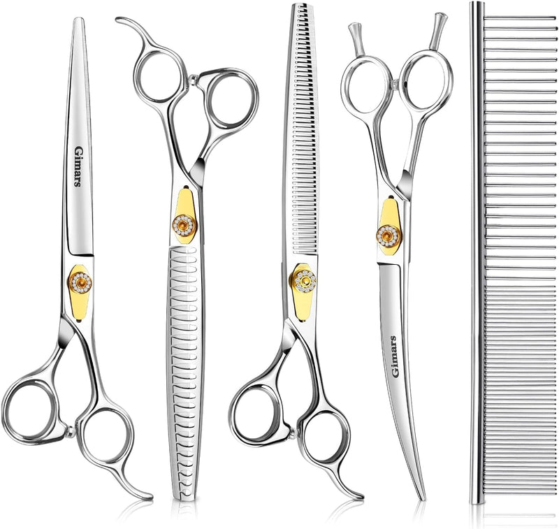 Gimars Titanium Coated Professional 6 in 1 4CR Stainless Steel Dog Grooming Scissors with Safety round Tip, Heavy Duty Pet Grooming Scissor for Dogs, Cats and Other Animals